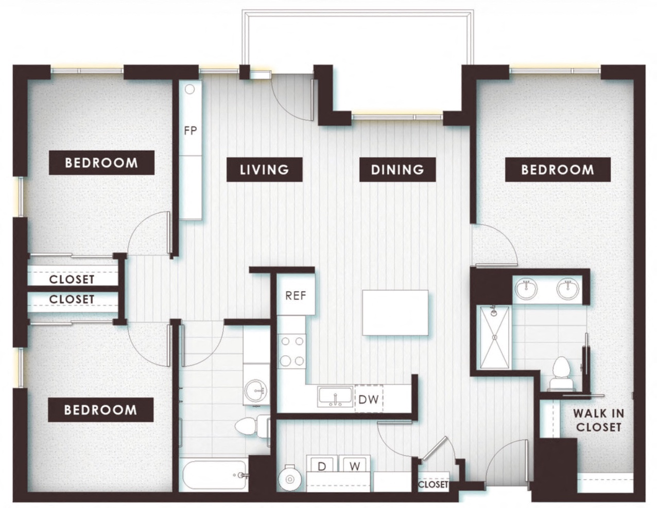 Floor plan for 3 beds, 2 baths, 1351 sqft